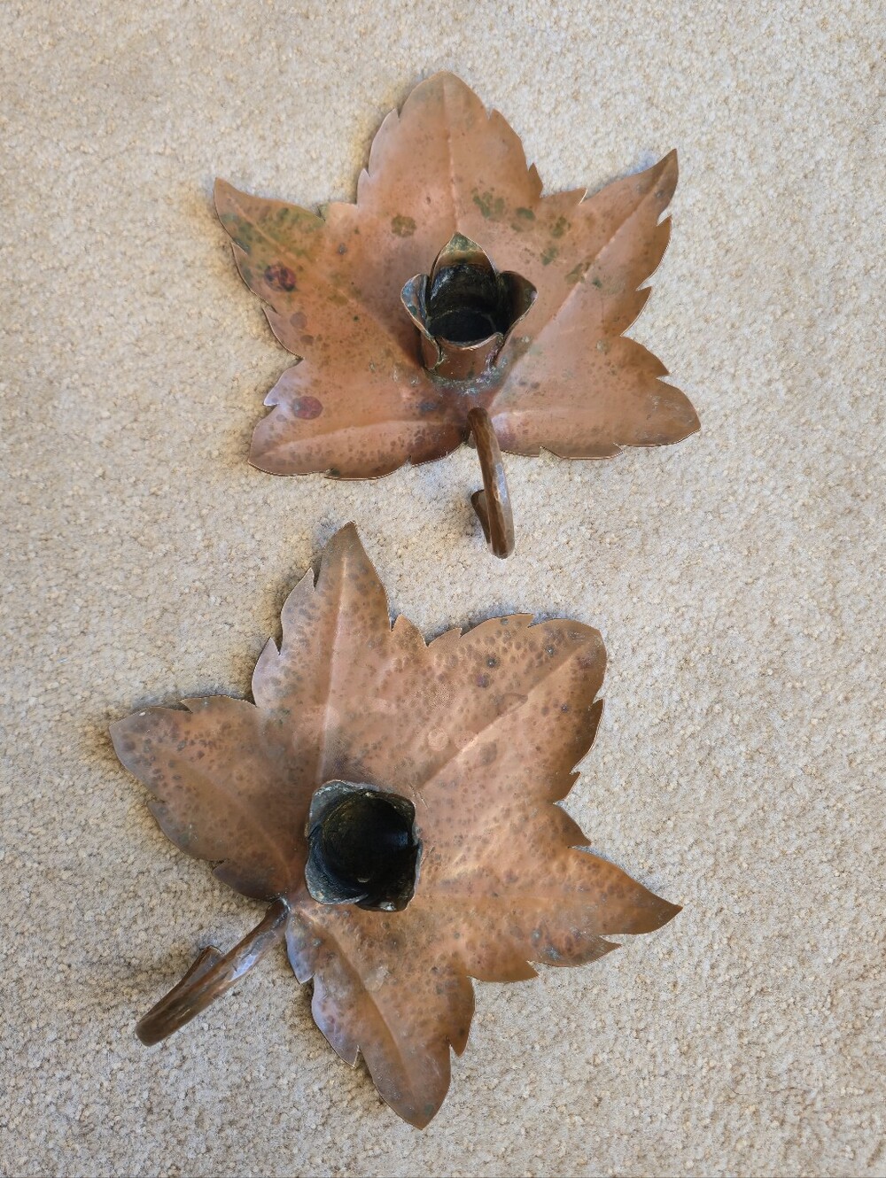 Copper Candlestick Holders (2) Handmade Metal With Rustic Leafs 7” Diameter